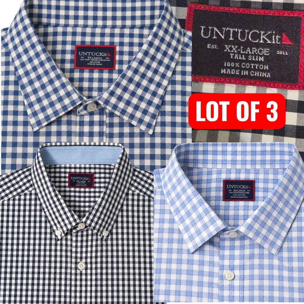UNTUCKit Button Down Mens XXL Blue Black Gingham Check Tall‎ Slim LOT OF 3 EUC